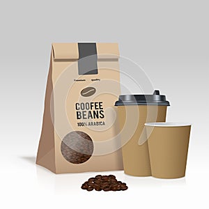 Realistic take away paper coffee cup and brown paper bag with coffee beans. Vector illustration.