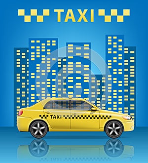 Realistic Taxi car with blue city background. City taxi banner. Vector illustration