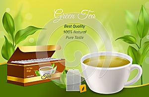 Realistic tea. 3d white porcelain cup with morning herbal hot drink, cardboard box with tea bags, green realistic leaves