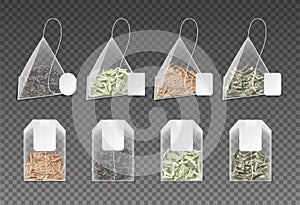 Realistic teabag. 3D pyramid and square bags with green, black or herbal flower tea. Transparent packs set with dried