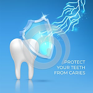 Realistic teeth with shield. Strong dental tooth, caries safeguard, spark lighting care, dentist clean. Toothpaste