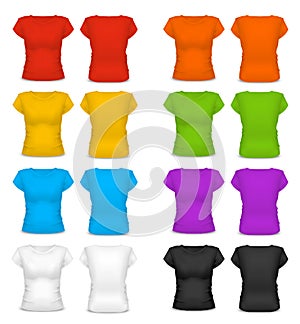 Realistic Template Blank Color Woman T-shirt. Vector