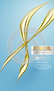 A realistic template cosmetic package. 3d splash of liquid oil. Splashing argan oil, hair protection cosmetics product