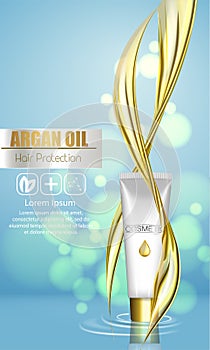 A realistic template cosmetic package. 3d splash of liquid oil. Splashing argan oil, hair protection cosmetics product