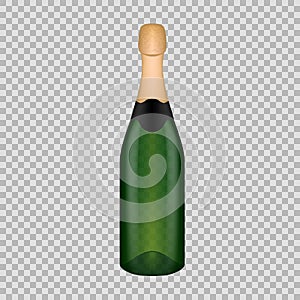Realistic template empty beautiful glass champagne bottle with cap.