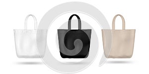 Realistic textile tote bag vector mockup set. Black and white and biege. Isolated on white background.