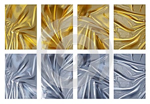 Realistic texture of crumpled silver and golden foil sheets. 3d shiny aluminum and gold material with folds. Luxury