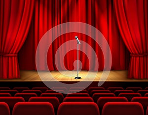 Realistic Theater Stage With Microphone