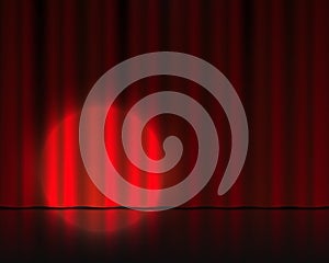 Realistic theater stage. Red curtains and spotlight. Circus or cinema drape. Vector 3D theater background