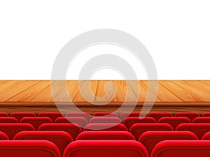 Realistic theater wooden stage or floor with rows of red seats, back view. Empty seats in the cinema hall, cinema