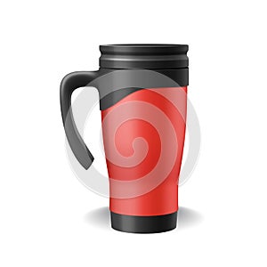 Realistic thermo cup red with black plastic handle isolated. Template travel mugs, tumbler