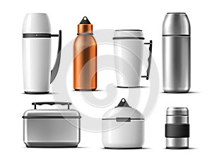Realistic thermos. Isolated 3d thermo mugs, bottles and food box, plastic and metallic flasks, long lasting warm drinks, sport and