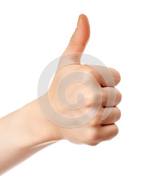 Realistic thumb up hand gesture isolated on white background. Like. Good feedback, positive reaction. Validation and