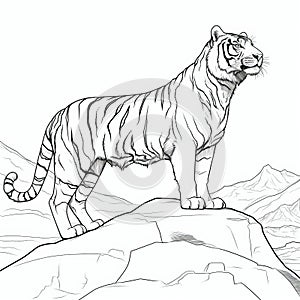 Realistic Tiger Coloring Page On Top Of Rock