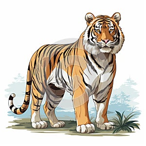 Realistic Tiger In Grass: Bold Character Design With Eastern Brushwork