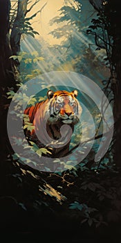Realistic Tiger Painting In Forest: A Scary Fantasy Illustration