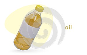 Realistic tilted bottle filled with purified oil. Ecological natural vegetarian ingredient