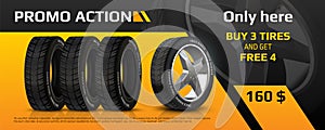 Realistic tire banner. Car wheel repair and auto rubber advertising flyer, automobile information brochure with tyre