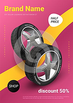 Realistic tire poster. Car wheel promo, auto service and seasonal tyre change advertising banner. Vector automobile