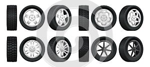 Realistic tires. 3d auto tyres and alloy rims, car wheels with different tread patterns from side and front views, auto photo