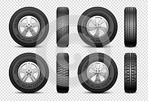 Realistic tires. Isolated car rubber wheel. Vehicle service, truck wheels repair. Front and side view tire vector set