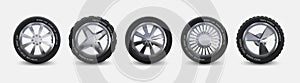 Realistic tires set. Truck wheels isolated on white, winter and summer car tires, 3D detailed aluminum alloy rims