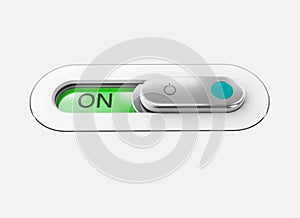 Realistic toggle switch. Gray switche with backlight, on position. 3d illustration