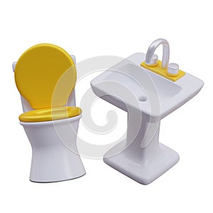 Realistic toilet bowl with yellow lid and wash basin. Textured vector illustration with reflections