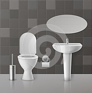 Realistic toilet interior. White toilets mockup and ceramics sanitary objects, bowl sink with faucet. Wc seat and mirror