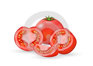 Realistic tomato whole vegetable, half, sliced, ripe red tomatoes. Tasty fresh organic ingredients