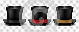 Realistic top hat. Magic hat vector. Vintage black gentleman headwears isolated on transparent background