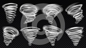 Realistic tornado storm funnel. Wind storm, tornado swirl and round vortex spiral. Whirlwind weather elements vector