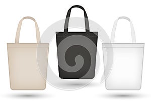 Realistic tote bag set. 3d fabric, canvas, shopping sack bags collection black, beige. Isolated on white background