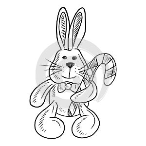 Realistic toy rabbit holding christmas cane striped candy in with tie bow on white background. Hand drawn vector sketch
