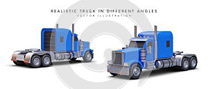 Realistic tractor unit with blue cab, front and rear view. Truck without trailer