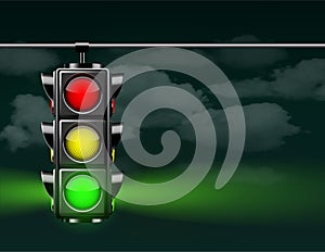 Realistic traffic lights with green lamp on, hanging in night sky.