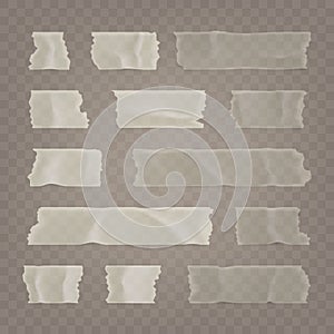 Realistic transparent adhesive tape set. Sticky scotch, duct paper strips on checkered background. Vector illustration.