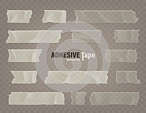 Realistic transparent adhesive tape set. Sticky scotch, duct paper strips on checkered background. Vector illustration.