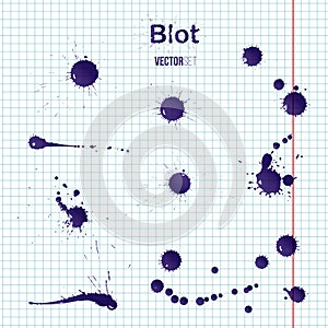 Realistic transparent blue inkblots on scool paper sheet. Vector design elements.