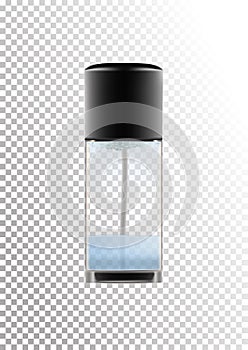 Realistic transparent glass bottle for two-phase cosmetic product, tonic, lotion, micellar water.Black lid with