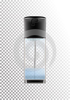 Realistic transparent glass bottle for two-phase cosmetic product, tonic, lotion, micellar water.Black lid with