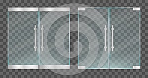 Realistic transparent glass doors with metallic handles. Vector illustration.