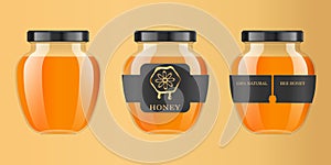 Realistic transparent glass jar with honey. Food bank. Honey packaging design. Honey logo. Mock up glass jar with design