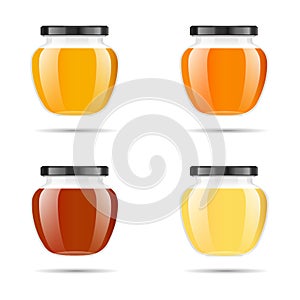 Realistic transparent glass jar with honey. Food bank. Honey packaging design. Honey logo. Mock up glass jar with design