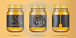 Realistic transparent glass jar with honey. Food bank. Honey packaging design. Honey logo. Mock up glass jar with design