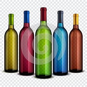 Realistic transparent glass wine bottles isolated on checkered background vector set