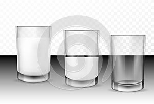 Realistic transparent glasses for milk, full and empty glass