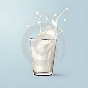 Milk and transparent cup elements isolated on warm background. Liquid splash in glass cup. Milk pours out. Vector 3d realistic