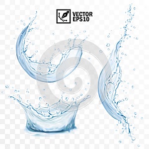 Realistic transparent isolated vector set splash of water with drops, a splash of falling water, a splash in the form of