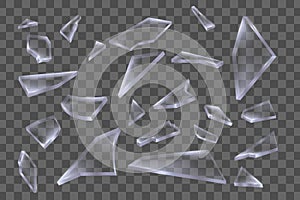 Realistic transparent pieces of broken glass on transparent background. Vector illustration